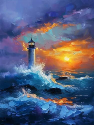 N.LANSHAN Kit Punto Croce Prestampato, Faro Sul Mare Al Tramonto 30X40Cm Ricami Disegni Punto Croce Kit Da Ricamare Quadri Per Bambini Principianti, Set Kit Ricamo Punto Croce Schemi Complet