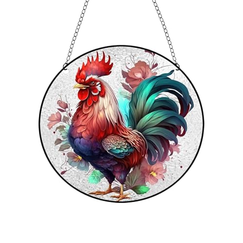 Rooster Acrylic Window Hanging,Chicken Colorful Ornament,Stained Two-Sided Panel Hangings Decoration,Stained Acrylic Panels for Garden,Window, Home and Patio Decor
