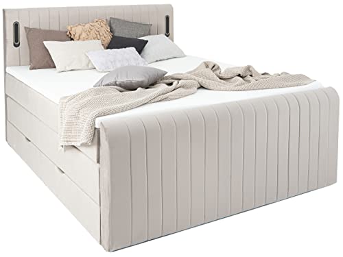 wonello Boxspringbett 180x200 mit Bettkasten und LED Beleuchtung - gemütliches Bett mit LED Beleuchtung - Stauraumbett 180 x 200 cm beige mit Matratze und Topper Samt-Stoff