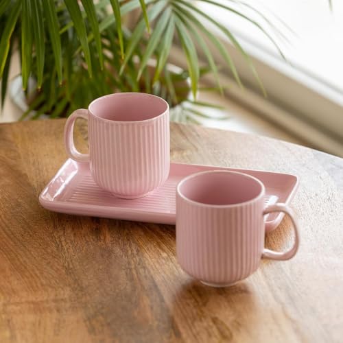 Image of Premium Ceramic Coffee Mug Set with Tray | Mugs 300 ml (Set of 2) with Matching Serving Tray | Modern Stoneware Cups | Ideal for Tea, Coffee & Gifting (Pink)