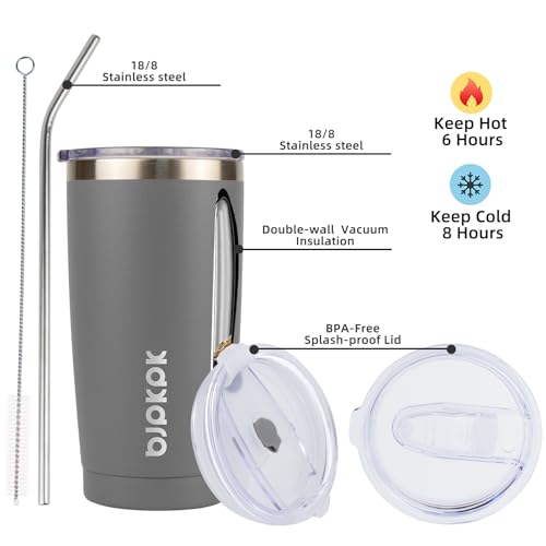 Image of BJPKPK 20oz Coffee Tumbler with Lid & Straw, Insulated Stainless Steel Mug | Double Wall Vacuum, Keeps Hot /Cold, BPA Free, Leak Proof, Iced Coffee Cup Fit Car Holder, Travel & Beach, Gray