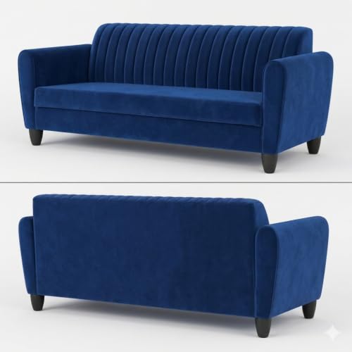 Image of MS Luxury FURNITRE Premium Luster 3-1-1 Sofa Set | 3 Seater | 5 Seater | Velvet Suede Fabric | 7 Colours with Sollid fibare Legs & 4 Cushion Free. (Blue, 3 Seater)