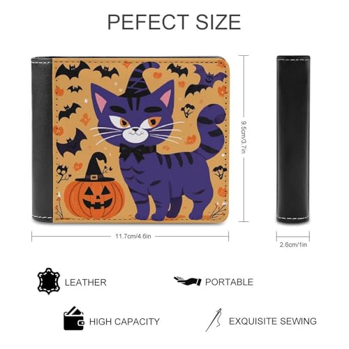 PU Leather Wallet for Men Halloween Cat Print Thin Wallet Slim Minimalist Bifold Front Pocket Wallets, 6 Credit Card Slots2
