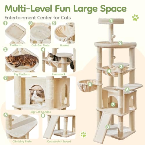 Image of Taoqimiao 72 Inches Cat Tree for Large Cats, Multi-Level Tall Cat Tower, Widened Cat Condo with Large Scratch Board, 5 Scratching Posts, Metal Hammcock, Cozy Basket, Beige, MS045M