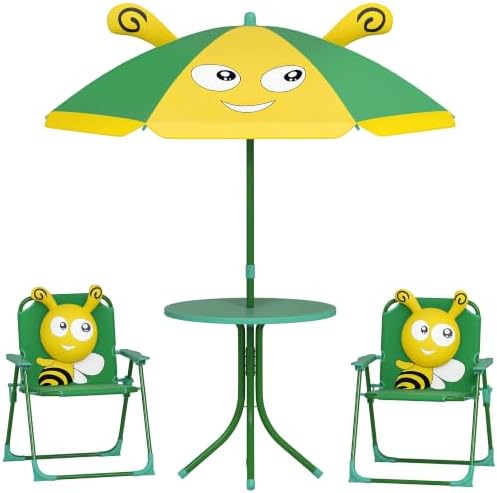 Outsunny Kids Table and Chair Set Picnic Table Umbrella Green Bee