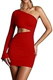 Memoriesea Women's Sexy Ruched Cut Out One Shoulder Long Sleeve Bodycon Club Mini Dress Red