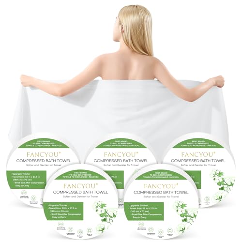fancyou Compressed Towel Tablets Disposable Bath Towels 55X27.5 Large Thicken Travel Towel Shower Body Towels Reusable for Hotel Beach Camping Swimming Pet Towels