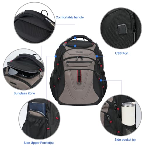 Image of KROSER TSA Friendly Travel Laptop Backpack 17.3 inch XXXL Gaming Backpack Water-Repellent College Daypack Business Backpack with RFID Pockets & USB Port for Men /Women-Black /Light Browm