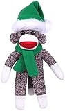 New 16 inches Orginal Sock Monkey (Plush) with Kelly-Green Christmas Hat and Scarf