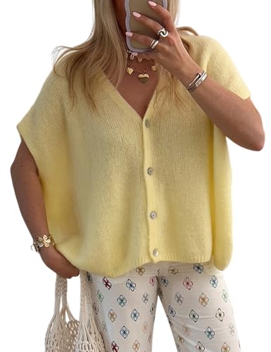 Gihuo Women's Short Sleeve Sweater Cardigan Y2K Button Down Ribbed Knit Sweaters V Neck Oversized Going Out Tops