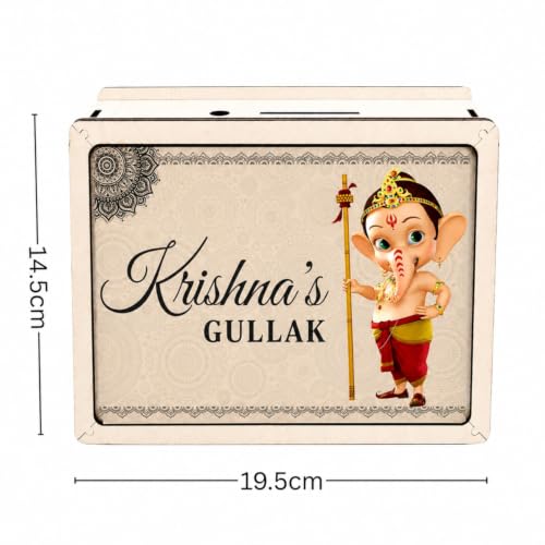 Image of Personalized Kids Wooden Gullak with Cute Bal Ganesh Theme & Magnet Rakhi | Custom Name Piggy Bank Money Saving Box for Boys | Raksha Bandhan Gift Set with Roli Chawal