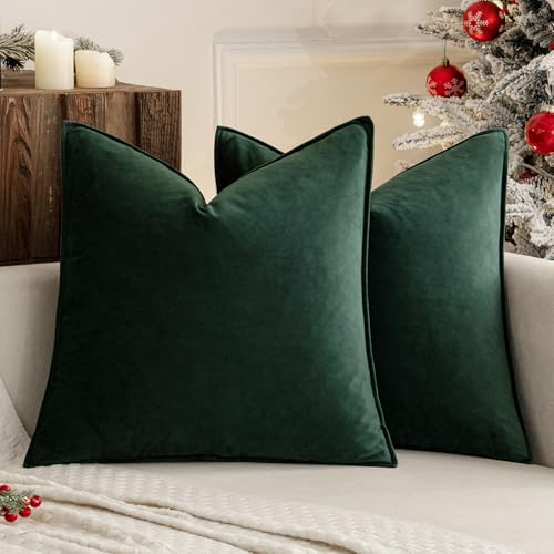 MIULEE Pack of 2 Christmas Decorative Velvet Throw Pillow Cover Soft Army Green Pillow Cover Solid Square Cushion Case for Winter Sofa Bedroom Car 18x 18 Inch 45x 45cm
