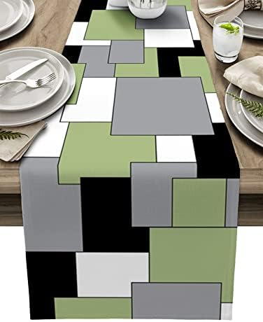 Abstract Geometric Table Runner 13x90inch Long, Anti-Slip Cotton Linen Table Runenrs, Rectangle Tabletop Decoration for Wedding Kitchen Holiday Party Home Decor Green Black Grey Color Block Splice