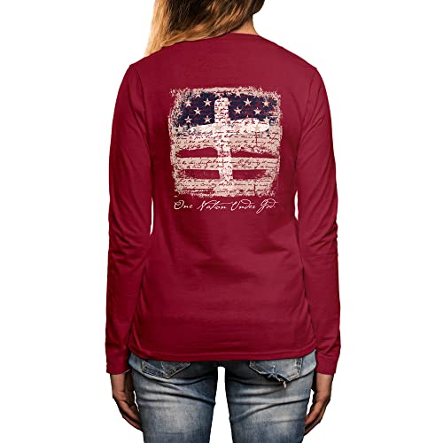 Southern Couture Classic Collection One Nation Under God American Flag Cross Long Sleeve Womens Classic Fit T-Shirt; Cardinal Red, X-Large
