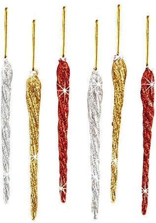 Christmas Icicle Ornament Set, Glass Xmas Ornaments for Christmas Tree Decorations, Hanging Icicles, Set of 6, Gold, Silver and Red Glitter Ornaments