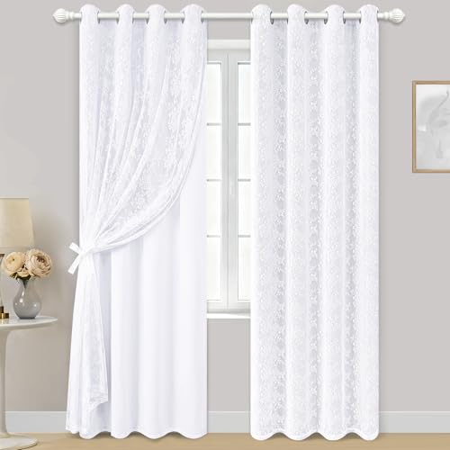 Image of Yinhua White Curtains for Living Room Double Layer Blackout Curtains for Bedroom 84 Inches Long Nursery Curtain with Tiebacks, Thermal Insulation Grommet Drapes for Dining Room, 52 inch W x 84 inch L