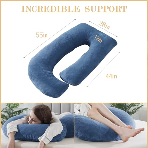 Image of WhatsBedding Pregnancy Pillows for Sleeping, J Shaped Full Body Maternity Pillow for Adults, Memory Foam Filling Support for Back, Legs, Belly, HIPS for Pregnant Women (Blue)