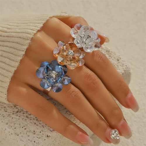 3D Crystal Flower Statement Ring for Women Silvery Chunky Cherry Blossom Adjustable Open Wrap Finger Rings Comfort Fit Delicate Wedding Holiday Party Jewelry Gift2