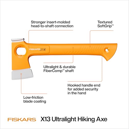 Image of Fiskars X13 Ultralight Hiking Axe 13 inch, Ultra-Sharp Forged Steel Blade for Efficient Chopping & Camping, 15% Lighter High-Visibility Orange FiberComp Handle Drives Tent Stakes, Sheath Included