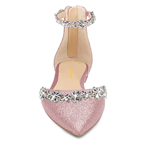 Image of XYD Women Classic Pointed Toe D'Orsay Wedding Flat Sandals Sparkly Rhinestones Ankle Strap Low Heel Dress Shoes with Zipper