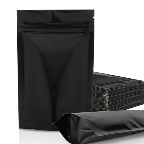 Image of BELLE KR 100pcs Black Mylar Bags with Gusseted Bottom - Extra Thick 4.72 Mil - 4 inchx6 inch Resealable Stand Up Mylar Ziplock Bags with Label Stickers