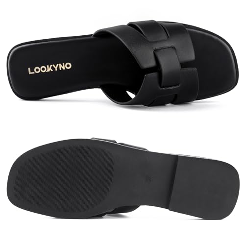 Image of Flat Sandals for Women Comfortable Slip On Dressy Summer Leather Slides with Square Open Toe