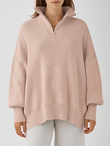 Image of ANRABESS Womens Oversized Quarter Zip Pullover Sweaters | Fall Fashion Outfits, Long Sleeve Slit Side, Baggy Loose Fit, 1 /4 Zip Lapel Collared, Ribbed Knit Soft Warm Winter Clothing