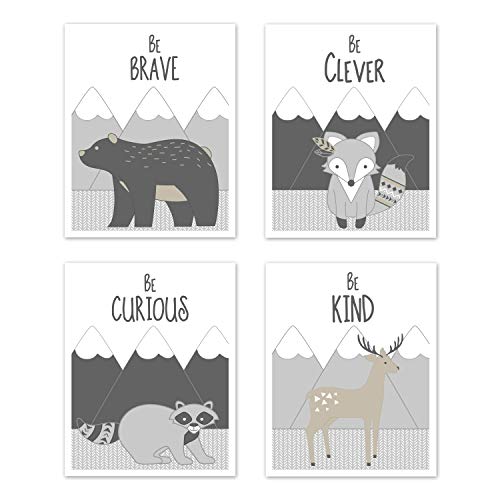 Image of Sweet Jojo Designs Beige Grey White Boho Mountain Forest Animal Deer Fox Bear Wall Art Prints Room Decor for Baby Nursery Kids for Gray Woodland Friends Collection-Set of 4-Brave Clever Curious Kind