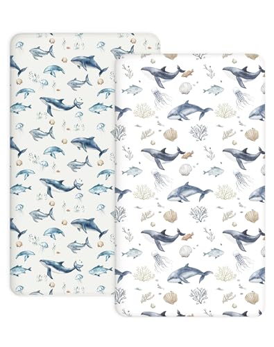 Image of Pack and Play Sheets 2 Pack, Fitted Jersey Knit Mini Crib Sheets for Baby Boys and Girls, Compatible with Graco Pack N Play and Mini Crib Mattress (Aquatic Adventures, Pack N Play/Mini Crib Sheets)