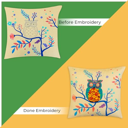 Image of picknMAKE Set of 2 DIY Cushion Cover Hand Embroidery Kit Set for Beginners with Majestic Owl Bliss DIY Craft Cushion /Pillow Cover|16 inchX16|Digitally Printed Embroidery Patterns|All Materials Included