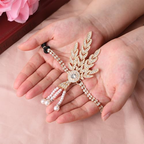 JJUNW 1920s Flapper Headband, Leaf Rhiestones Headpiece Bride Wedding Head Bands Pearl Tassel Headdress 1920s Headpiece for Women(Gold)
