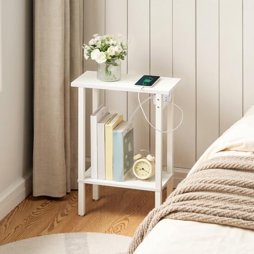 HOOBRO Mesa Auxiliar Estrecha, Mesita de Sofá de 2 Niveles con Estación de Carga, Mesita de Noche con Estante, para Espacio Pequeño, Salón, Dormitorio, Estudio, Blanco EWT240CBZ01 - imagen 5