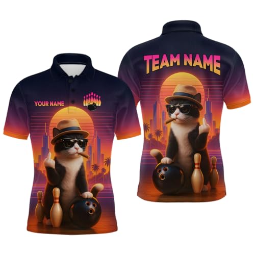 ChipteeAmz Custom Funny Cat Bowling Shirt for Men Women with Name Bowling Team Jersey Bowling League Polo & 1/4 Zip Shirt