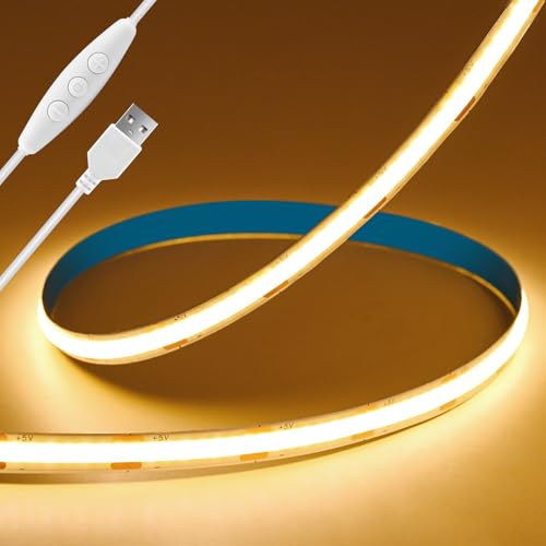Oumida 2M Striscia LED COB 5V USB, 3000K Bianco Caldo 640LED CRI92+ Dimmerabili Strisce Luce LED Flessibile per Retroilluminazione TV, Cucina, Camera da Letto,Soggiorno, Fai da Te (2M)