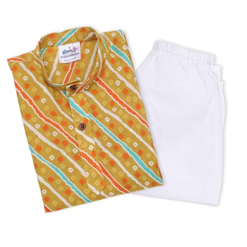Image of superminis Cotton Boys Sanganeri Lehariya Printed Kurta Set with White Pyjama Elastic Closure