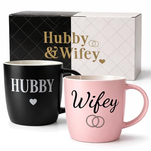 Triple Gifffted Hubby and Wifey Coffee Mugs Set Mr and Mrs Couples Gift for Wedding Anniversary Engagement Valentines Christmas Day His Hers Present for Husband Wife Newlyweds 13oz Ceramic