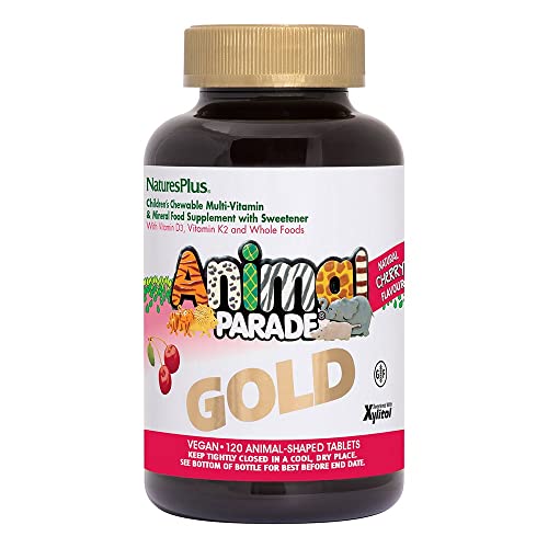 NaturesPlus Animal Parade Source of Life Gold Children's Multivitamin - Cherry Flavor - 120 Chewable Animal Shaped Tablets - Vegetarian, Gluten-Free - 60 Servings