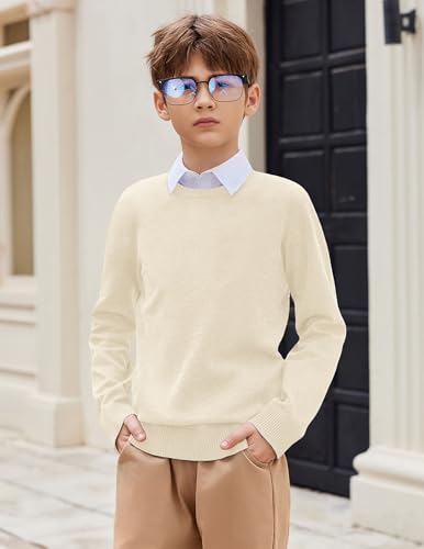 Arshiner Strickpullover für Jungen Langarm Herbst Winter Junge Basic Einfarbig Pullover Schooluniform Stricken Sweater Langarmshirt für Kinder Rundhals Beige 150