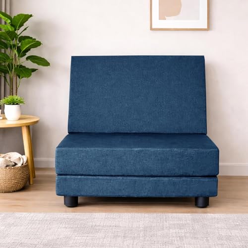 Image of Leg Sofa Cum Bed Single Seater | Foldable Floor Sofa Bed with Jute Fabric | Space Saving Convertible with Sturdy Legs for Living Room & Guest Room - (Blue Color - Pre-Assembled)