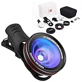 4K HD 0.45X Wide Angle Lens + 15X Macro Lens for iPhone Samsung - with Mini Selfie Ring Light, Quick Clip, Release Strap, Cleaning Cloth & Travel Case - Universal Phone Camera Lens Kit for Photography