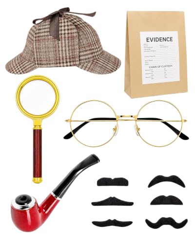 Vermeyen Detective Costume Accessories Set for Adults,Sherlock Holmes Kit with Deerstalker Hat,5X Magnifying Glass,Resin Pipe,Evidence Bag Perfect for Halloween,Book Week Gift