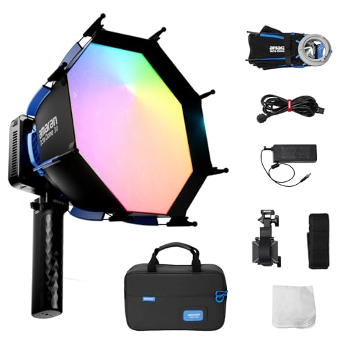 Amaran Ray 120c - Luz de Video RGB Ultracompacta de 120W - 6850 lux,CRI 95+, CCT 1800 K-20 000 K, Control por Aplicación con Softbox Octa Dome de 30cm para iluminación de Estudio, Streaming Exteriores