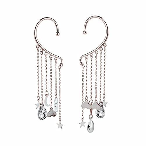 1 Pair Boho Sun, Moon And Stars Hanging Ear Tassel Cuff Earrings Set Angel Tears Pendant Crawling Hook Wrap Earrings Personalized For Women Girls Non Piercing Jewelry-Silver #TOP28