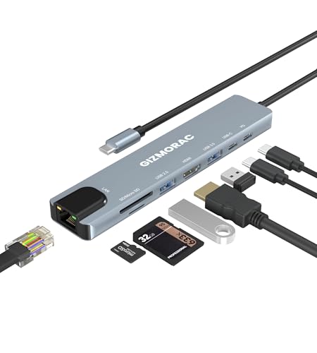 Image of Aluminum Mport 8 USB-C USB Hub /Docking Station(8-in-1) with 4K 30Hz HDMI, 100 Mbps Ethernet, USB 3.0, microSD /SD Card Reader, Type-C Data, PD Charging, USB 2.0, Type-C Plug for Laptop, Mac, PC