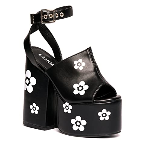 Lamoda Dancing Queen Platform Sandals for Women - BlackPU with White Flowers, Chunky Block Heel Festival, Comfort & Confidence Combined, Party & Y2K Style Statement Footwear - UK7