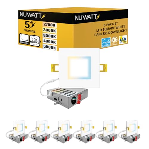 NUWATT 6 Pack 6 Inch Square Ultra-Thin LED Recessed Lighting Selectable 2700K/3000K/3500K/4000K/5000K High Brightness 1050 Lumens Dimmable White Canless Slim Wafer Light IC Rated Metal J-Box