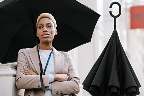 Image of MRTLLOA 40 /49 /56 Inch Oversize Windproof Inverted Reverse Upside Down Umbrella, Golf Size Rain Umbrella, Double Layer, C-Shaped Handle for Men, Women and Kids (Black-2 Pack, 49 Inch)