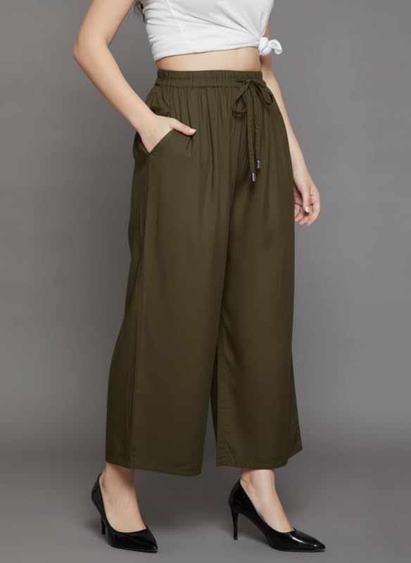 Image of Super Soft Viscose Rayon Flared Palazzo Pants for Women Stylish Wide Leg Straight Relaxed Fit Casual Ethnic Office Wear