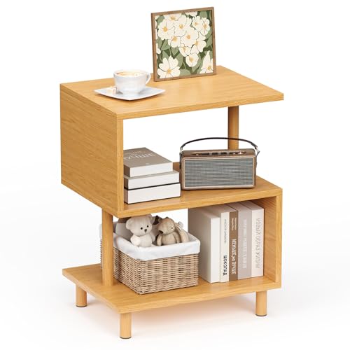 APICIZON サイドテーブル S字 ラック 3段 オープンラック 小さい オープンシェルフ 木目調 ナイトテーブル スリム ベッドサイドテーブル リビング ソファサイド 収納 棚 おしゃれ 北欧 モダン (40cm*30cm*51cm、ナチュラル)