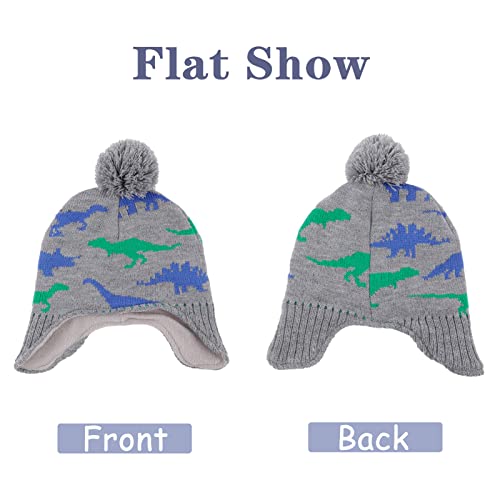 Image of ACTLATI Winter Dinosaur Boy Winter Hat Scarf Mittens Set Warm Beanies Earflap Fleece Pompom Lining Cap for Toddler Kids